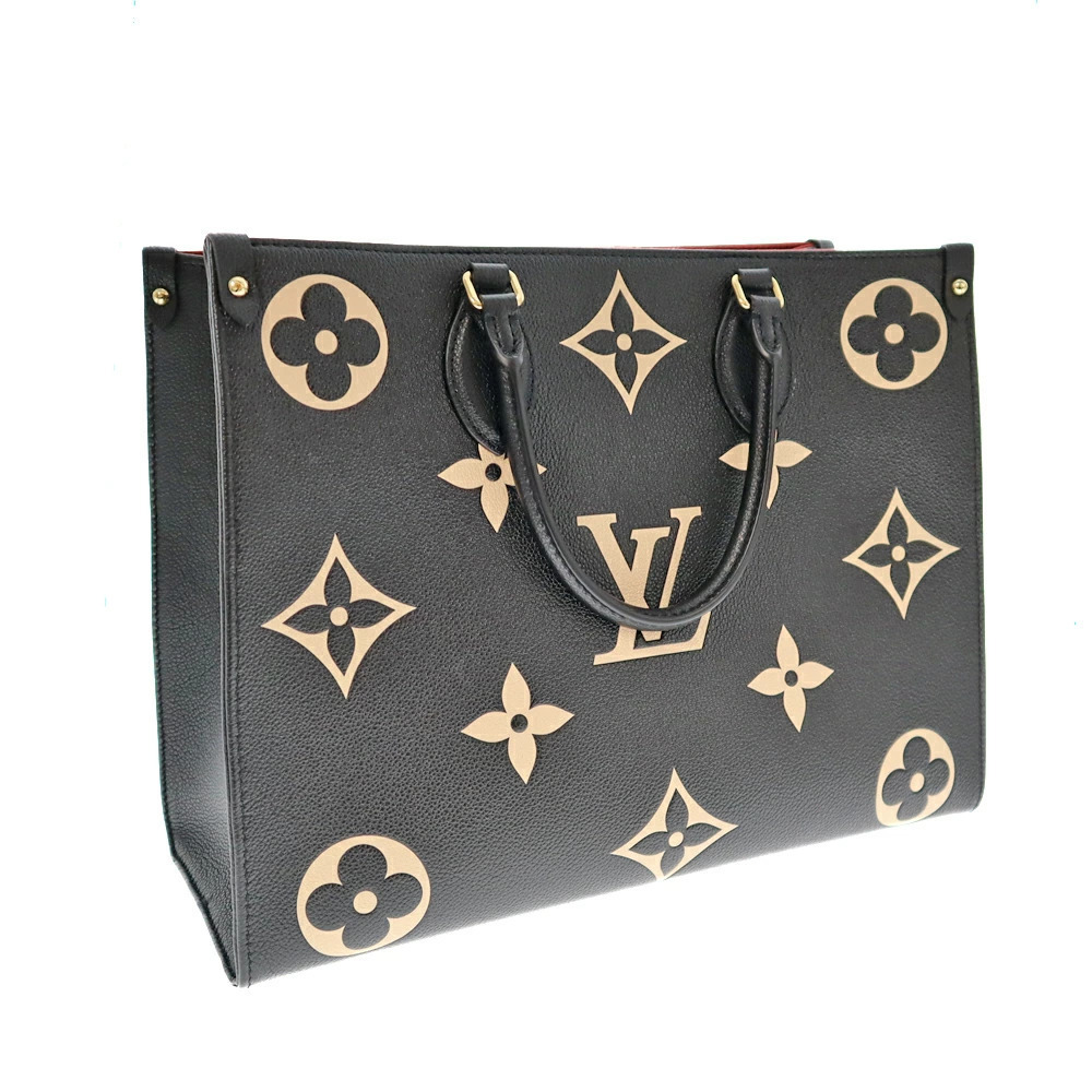 LOUIS VUITTON OnTheGo Tote Bag Embossed Black Beige Bi Handbag Shoulder LV